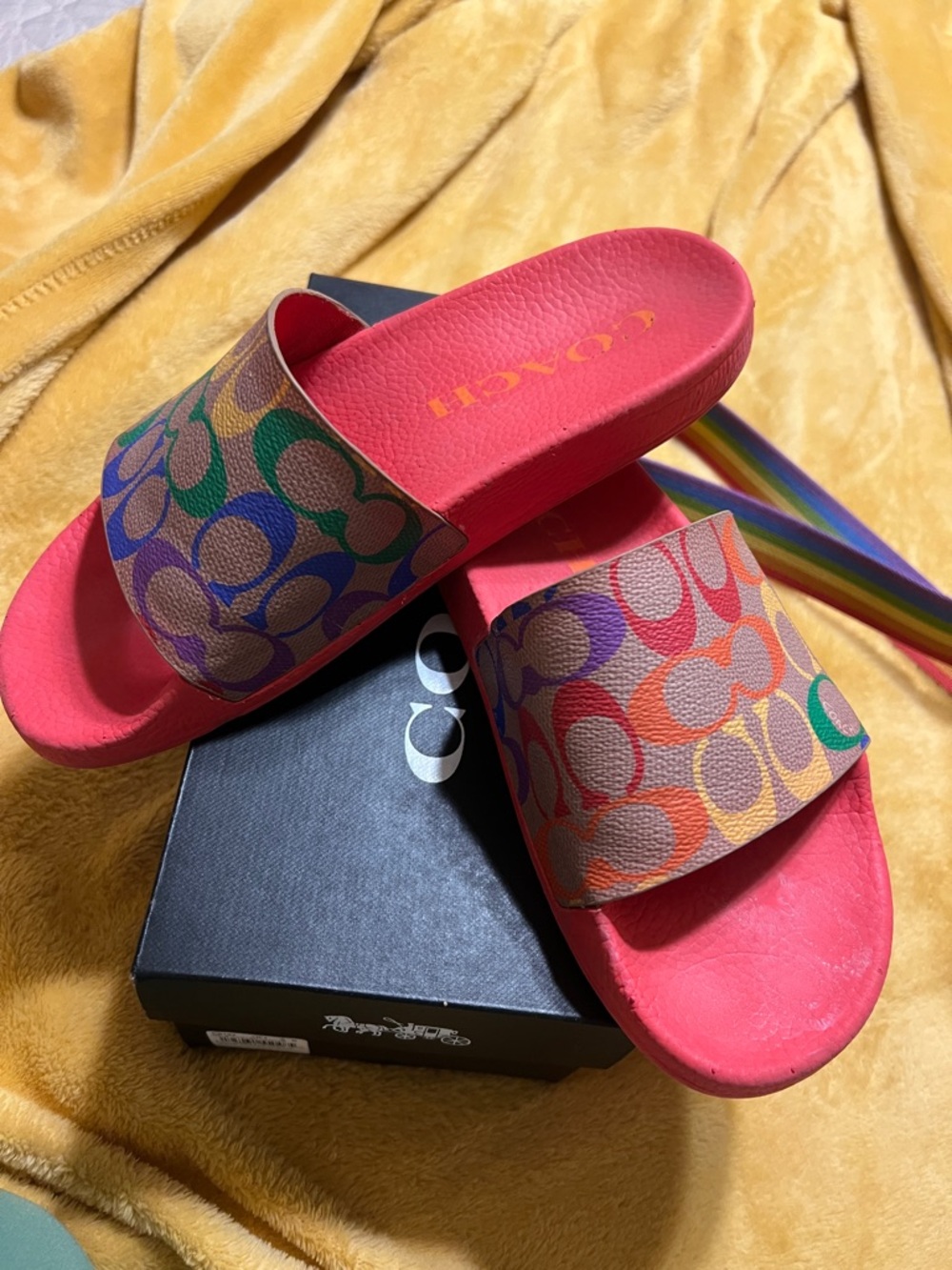 Coach Multicolor Signature C Slide Sandals with Pink Footbed